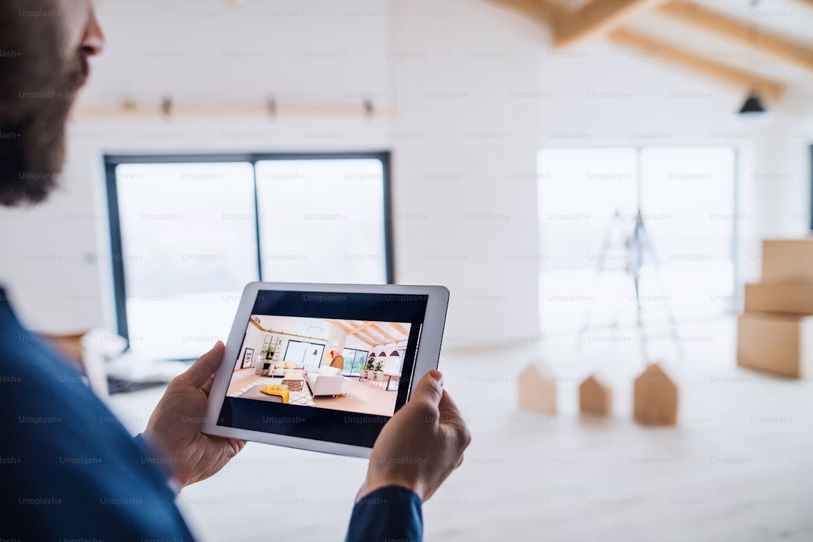 Designer reviewing interior design sketches and material options on a tablet
