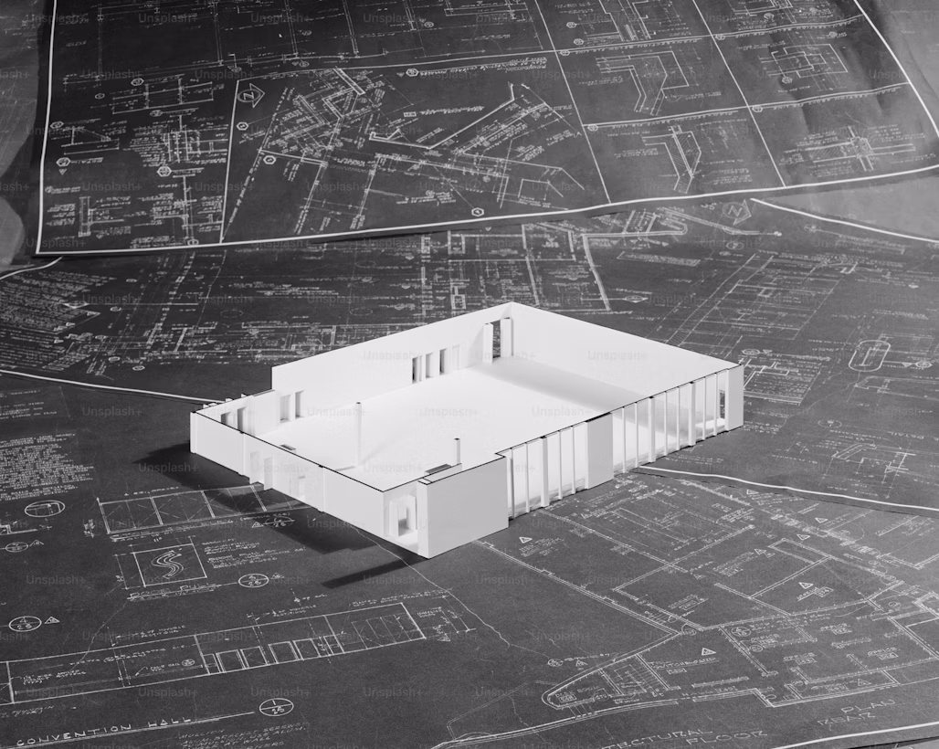 Aerial architectural view supporting measurement and drafting work